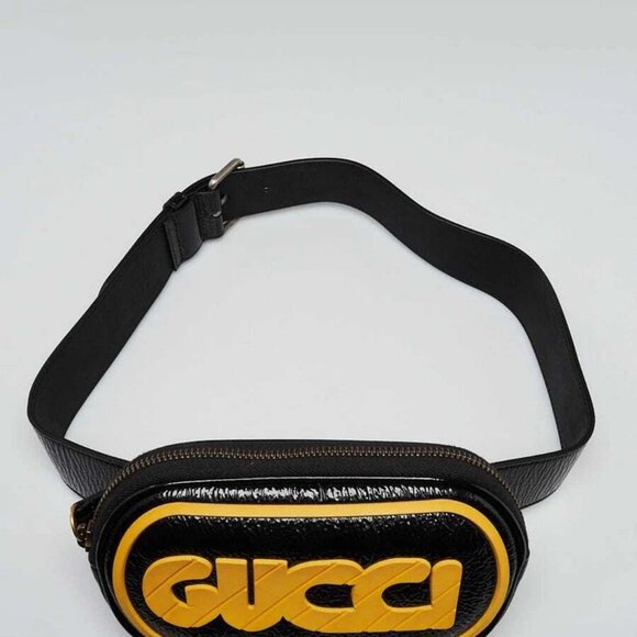 Gucci Black Patent Leather Rubber Game Patch Logo Belt Bag Size 85/34 - Picture 6 of 10